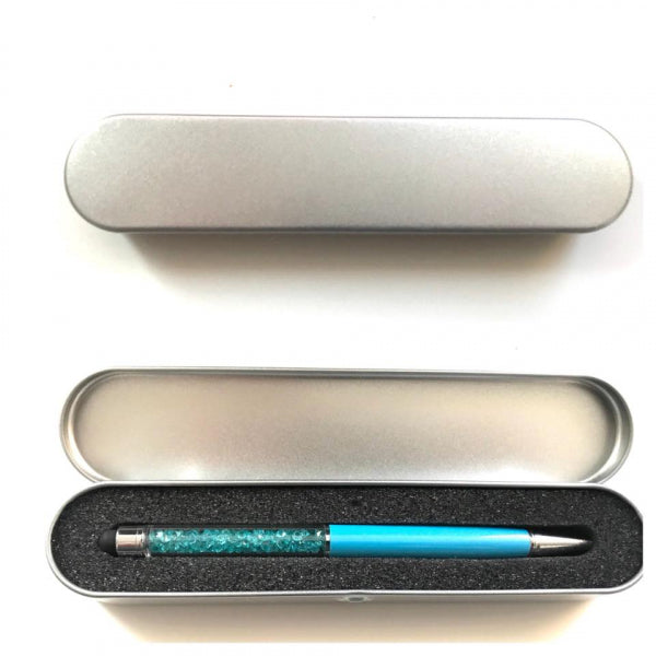 Edelstahlböxli mit Glitzerkugelschreiber blau