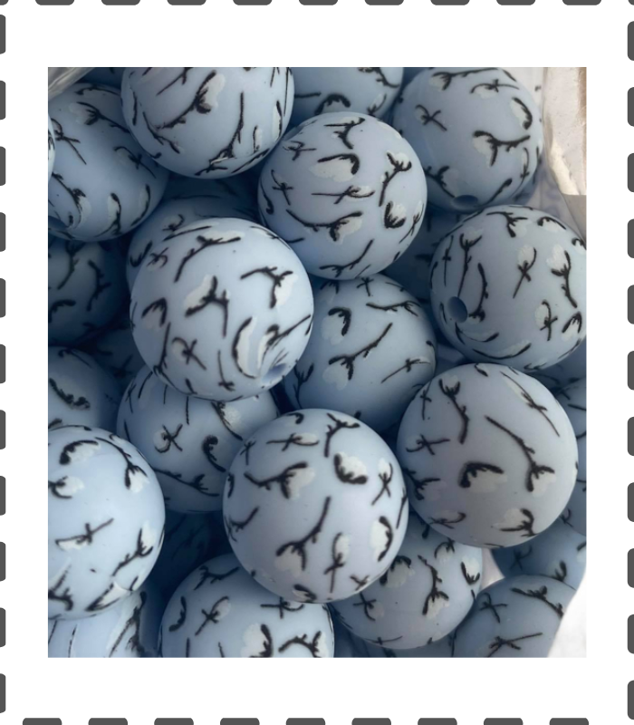 10 Stück Silikonperlen 12mm blau mit weissen Blumen