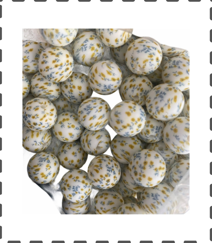 Silikonperlen 15mm weiss mit blauen Blumen