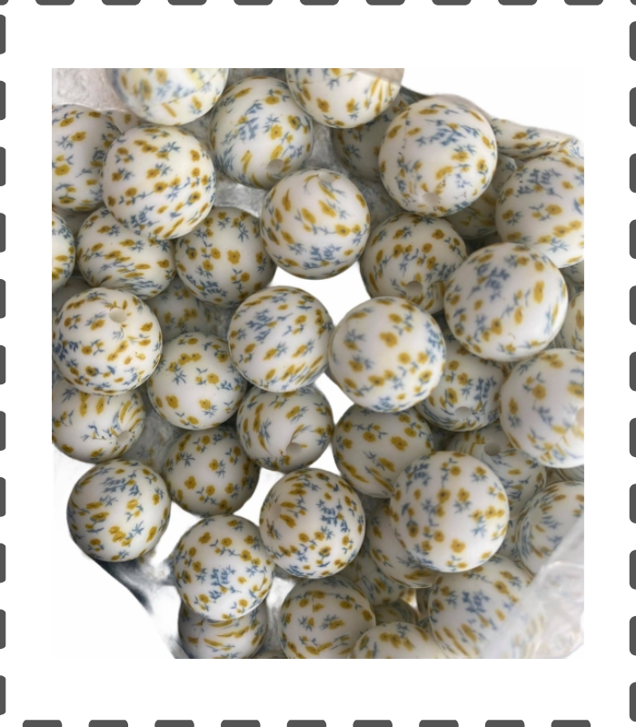 10 Stück Silikonperlen 12mm weiss mit blauen Blumen