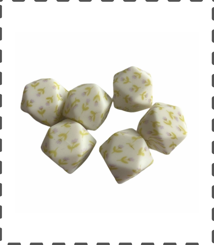 Silikonperlen Hexagon 14mm weiss mit flieder Blumen