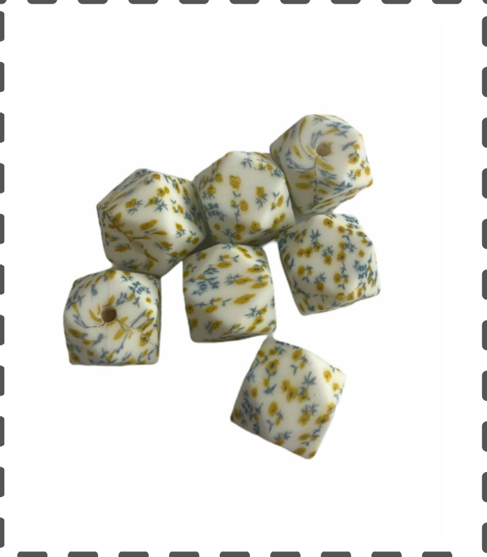 Silikonperlen Hexagon 14mm weiss mit blauen Blumen