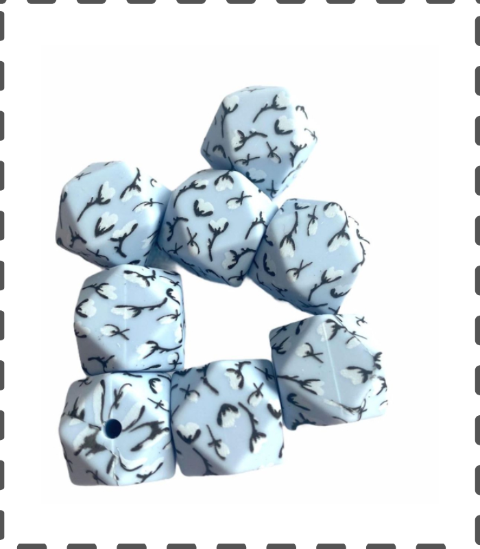 Silikonperlen Hexagon 14mm blau mit weissen Blumen