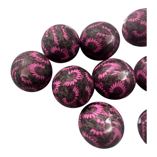 Silikonperlen 15mm mit Blumenmuster schwarz/pink (A1)